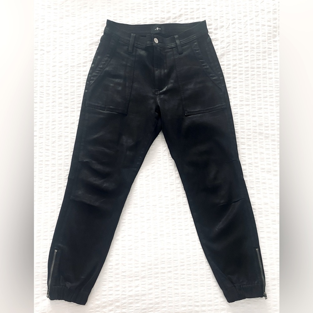 7 For All Mankind Darte Coated Jogger Jeans Black Faux Leather Zip Ankle